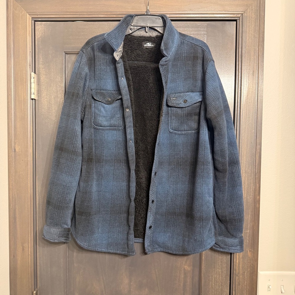O'Neill Superfleece Mens Large Blue Black Plaid Sherpa Lined Shirt Jacket L